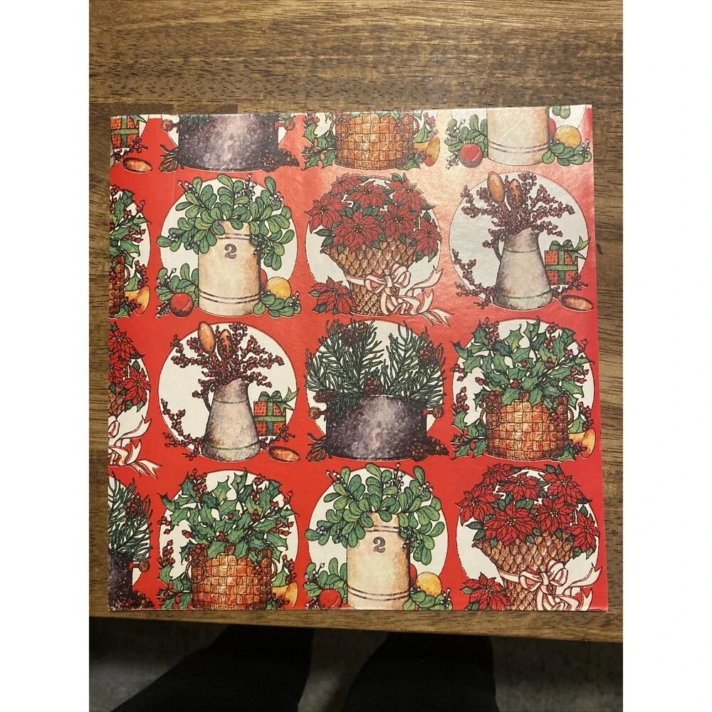 Vintage Christmas Gift Wrapping Paper Baskets Holly Poinsettia 20”x19” Holiday